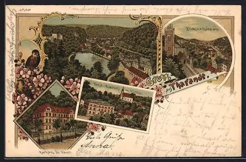 Lithographie Tharandt, Kurhaus Dr. Haupt, Forstacademie und Kirche, Ortsansicht