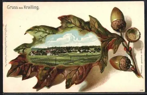 Passepartout-Lithographie Krailling, Totalansicht aus weiter Ferne, Eichenblatt