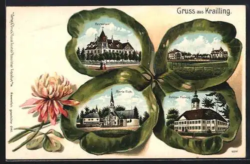 Passepartout-Lithographie Krailling, Restaurant, Maria Eich und Schloss Planegg im Kleeblatt
