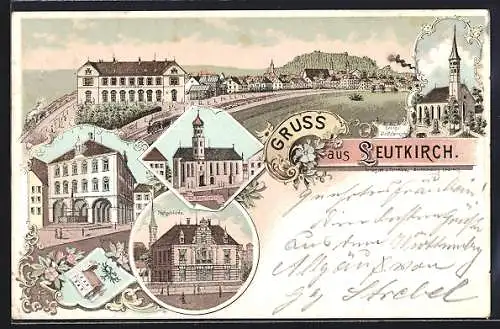 Lithographie Leutkirch, Postgebäude, Rathaus, Evang. und Kath. Kirche, Blick auf den Ort