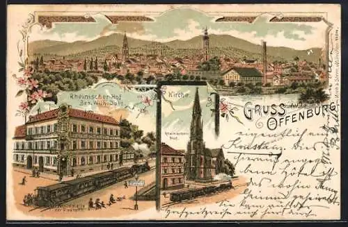 Lithographie Offenburg, Gasthaus Rheimscher-hof, Bes. Wilh. Dold, Kirche, Strassenbahn-Haltestelle