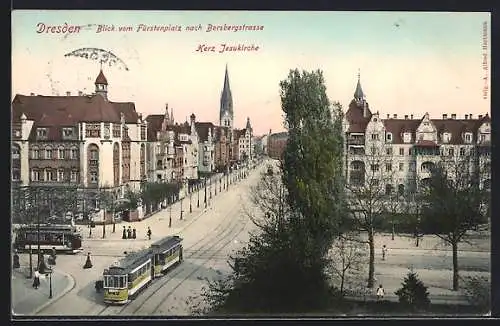 AK Dresden-Striesen, Fürstenplatz mit Borsbergstrasse, Strassenbahn, Herz-Jesu-Kirche