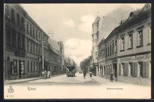 AK Riesa, Strassenbahn in der Wettinerstrasse
