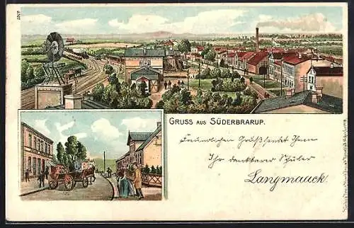 Lithographie Süderbrarup, Ortsansicht mit Bahnhof und Gleisanlagen