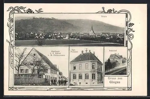 AK Gingen, Gasthaus z. d. Kaiser, Totalansicht, Bahnhof und Post