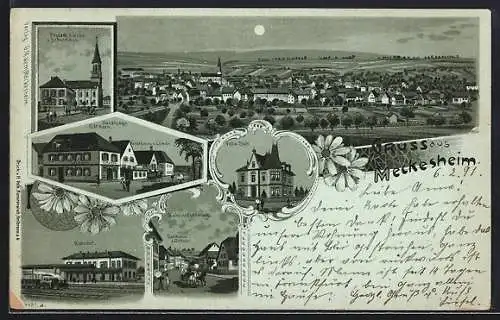 Mondschein-Lithographie Meckesheim, Gasthaus z. Ochsen, Gasthaus z. Löwen, Bahnhof, Handlung v. G. M. Kern