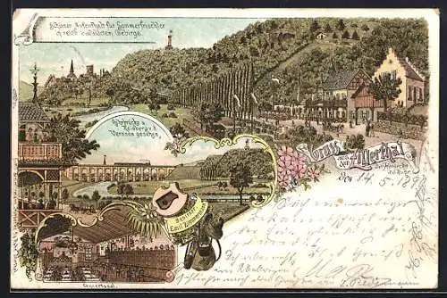 Lithographie Herdecke a. d. Ruhr, Gasthof Zillerthal, Inh. Emil Zimmermann, Ruhrbrücke u. Reisberg v. d. Veranda gesehen