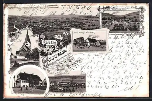 Lithographie Faurndau, Gasthaus zum Adler, Fabrik von Hildenbrand Söhne, Mühle Albrecht und Wildermuth