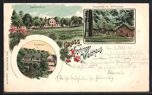 Lithographie Kösching, Gasthof Köschinger Waldhaus mit Kegelbahn und Schiesshaus, Forsthaus