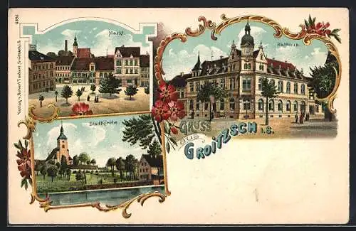 Lithographie Groitzsch / Sa., Stadtkirche, Rathaus, Markt