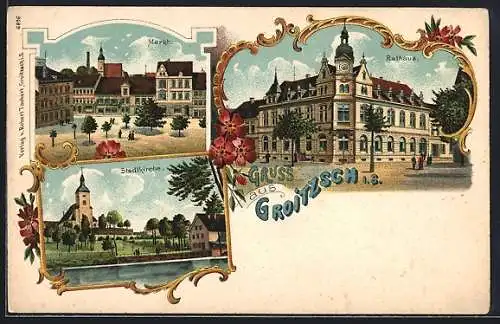 Lithographie Groitzsch / Sa., Stadtkirche, Rathaus, Markt