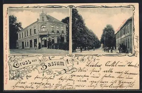 AK Bassum, Geschäft H. W. Pleuss und Strassenpartie im Ort