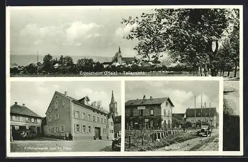AK Erpolzheim, Bahnhof mit Auto, Kolonialwaren von Fr. Flory