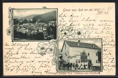 AK Rod an der Weil, Totalansicht mit Umgebung, Kaiserl. Post und Gasthaus zum Weilthal mit Kutsche davor