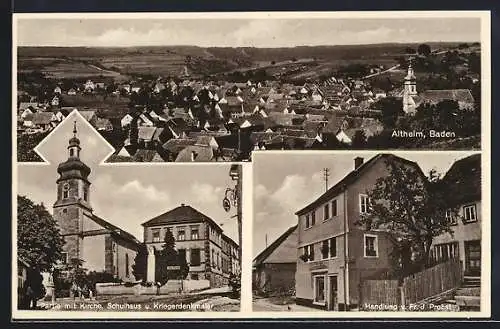 AK Altheim / Baden, Handlung von F. J. Probst, Kirche mit Schule und Kriegerdenkmal