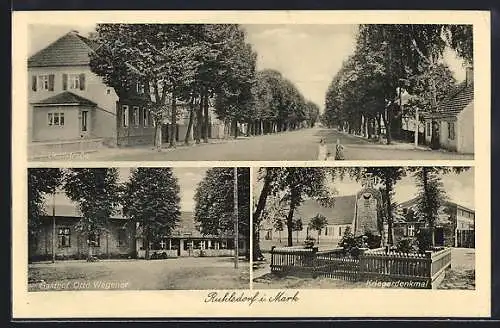 AK Ruhlsdorf / Teltow, Gasthof zum alten Krug, Inh. Otto Wegener, Kriegerdenkmal, Dorfstrasse
