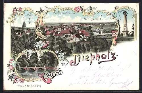 Lithographie Diepholz, Kriegerdenkmal, Lohnebrücke, Schloss