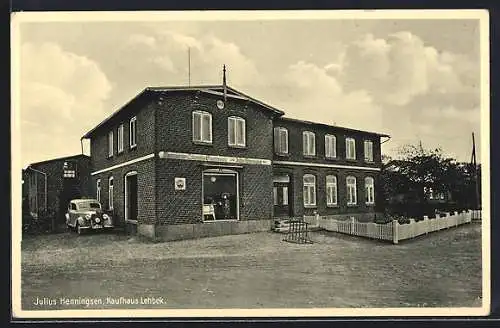 AK Gelting-Lehbek / Ostsee, Julius Henningsen Kaufhaus mit Auto