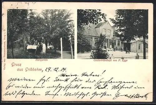 AK Gribbohm, Gasthaus von P. Egge, Blick in den Biergarten