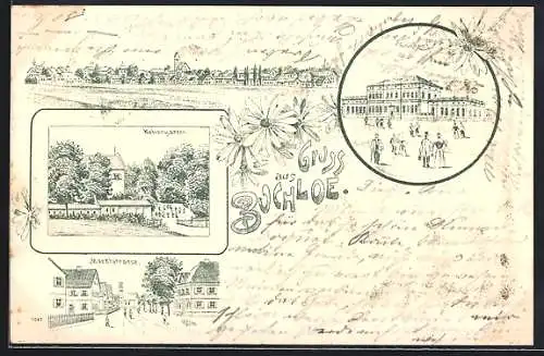 Lithographie Buchloe, Bahnhof, Marktstrasse, Kellergarten