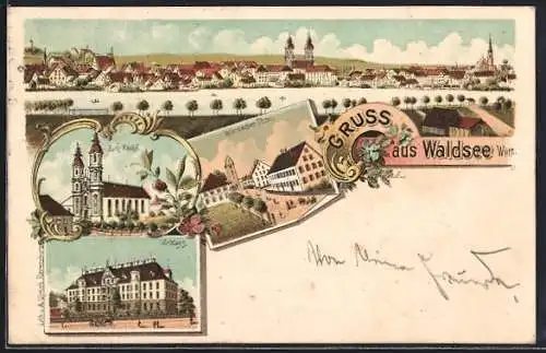 Lithographie Waldsee /Württ., Schloss, Kath. Kirche, Wurzacher Thor