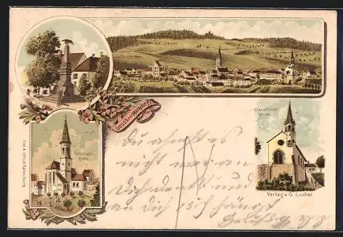 Lithographie Markdorf, Katholische und Evangelische Kirche