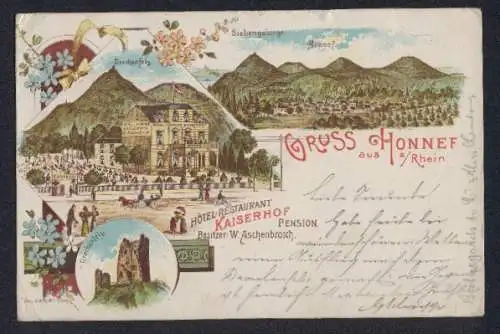 Lithographie Honnef a. Rhein, Hotel-Restaurant Kaiserhof, Bes. W. Aschenbroich, Drachenfels, Siebengebirge