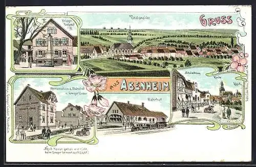 Lithographie Abenheim, Restaurant z. Bahnhof v. Gregor Linder, Kriegerdenkmal, Bahnhof u.a.