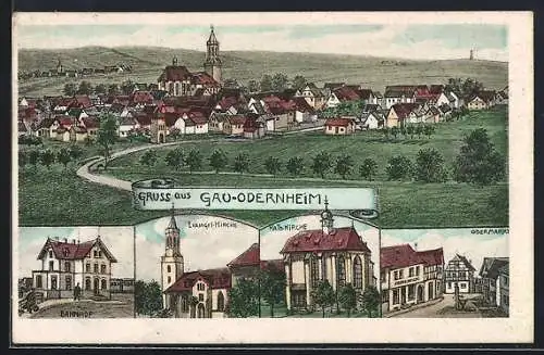 Lithographie Gau-Odernheim, Bahnhof, Evangel. Kirche, Kath. Kirche und Obermarkt