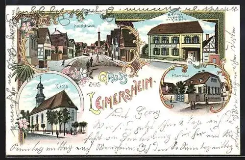 Lithographie Leimersheim, Gasthaus Zur Sonne v. K. J. Serr, Hauptstrasse, Kirche und Pfarrhaus