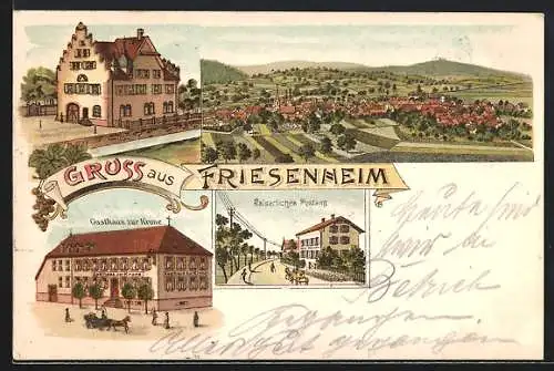 Lithographie Friesenheim / Baden, Gasthaus Zur Krone, Kaiserliches Postamt, Gesamtansicht