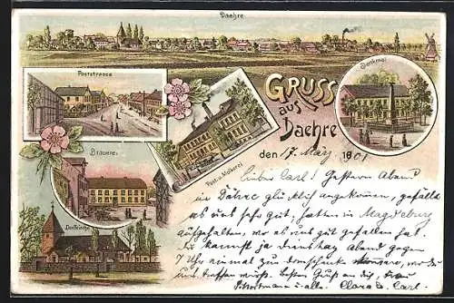 Lithographie Daehre, Poststrasse, Brauerei, Dorfkirche und Denkmal