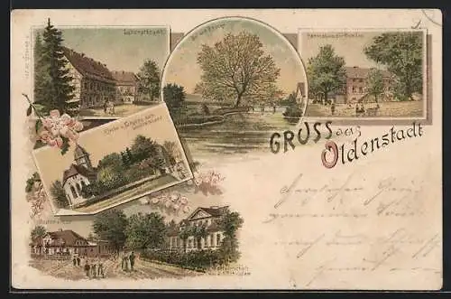Lithographie Oldenstadt, Restaurant Stelzer, Landratsamt, Kirche, Herrenhaus der Domäne