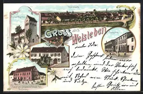 Lithographie Welsleben, Gasthof zur Grünen Tanne, Lindenhof, Kirche und Totalansicht