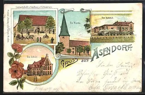 Lithographie Asendorf / Diepholz, Gasthaus und Handlung F. G. Hoopmann, Schule, Kirche, Bahnhof