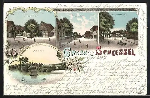 Lithographie Scheessel, Stahmleder`s Hôtel, Grosse Strasse, Kriegerdenkmal, Mülheim Insel
