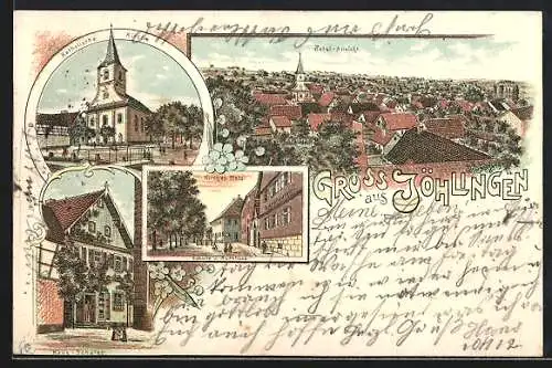 Lithographie Jöhlingen, Haus Schaier, Kath. Kirche, Kirchen-Platz, Schule und Rathaus
