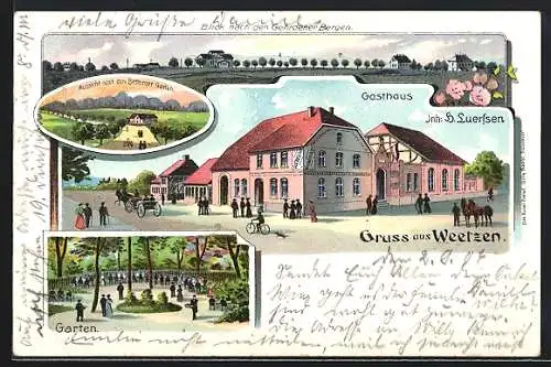 Lithographie Weetzen, Gasthaus, Inh. H. Luerssen, Bettenser Garten und Totalansicht