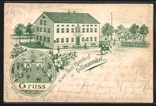 Lithographie Dittmannsdorf / Reinsberg, Gasthof Dittmansdorf mit Leuten und Reiter, Tanzsalon