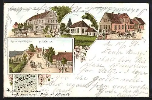 Lithographie Eschede, Möbel Magazin Gebrüder Brockelmann, Geschäftshaus Wilh. Müller, Kirche