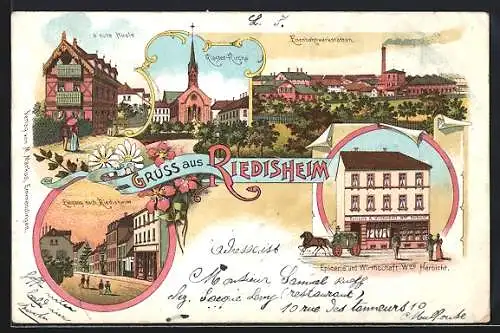 Lithographie Riedisheim, Epicerie und Gasthaus Wwe. Herbicht, s`rote Häusle, Eisenbahnwerkstätten