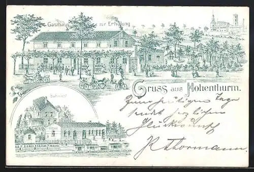 Lithographie Hohenthurm, Gasthaus zur Erholung und Bahnhof