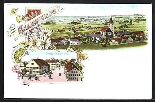 Lithographie Haldenwang / Allgäu, Strassenpartie und Totalansicht