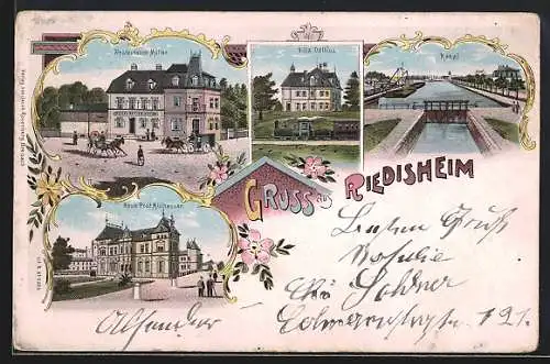 Lithographie Riedisheim, Restaurant Müller, Villa Dollfus, Kanal und Neue Post Mülhausen