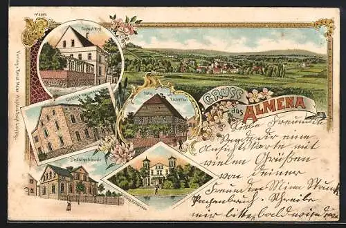 Lithographie Almena, Gasthof Korf, Gasthof Hausmann, Schulgebäude, Schloss Rohbraken