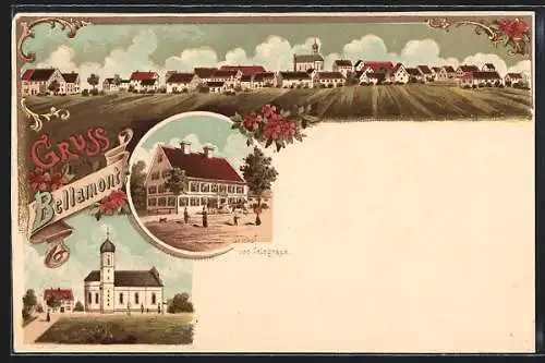 Lithographie Bellamont, Gasthof und Telegraph, Kirche und Totalansicht