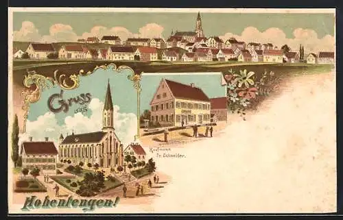 Lithographie Hohentengen / Saulgau, Kaufmann Fr. Schneider, Kirche und Totalansicht