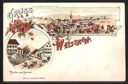 Lithographie Weissach / Leonberg, Partie am Löwen und Totalansicht