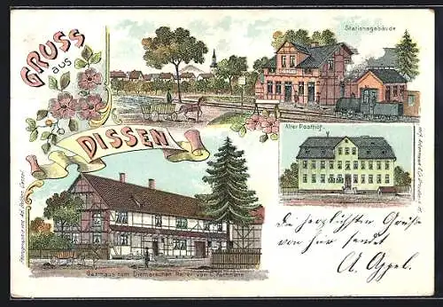 Lithographie Dissen / Hessen, Gasthaus zum Diemarschen Reiter von C. Küchmann, Stationsgebäude, Alter Posthof