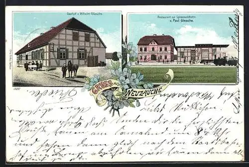 Lithographie Neuzauche, Gasthof v. Wilhelm Gliesche, Restaurant zur Spreewaldbahn v. Paul Gliesche